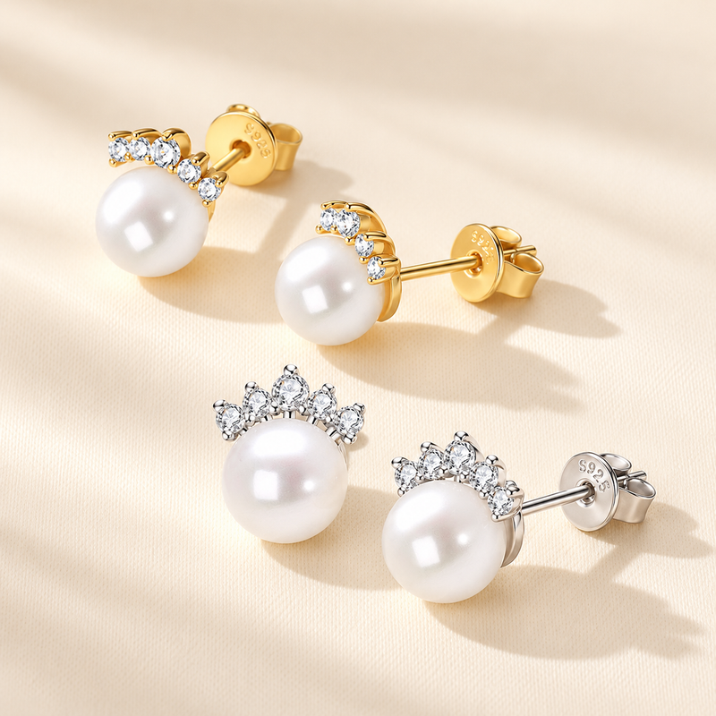 Freshwater pearl crown stud earrings sterling silver